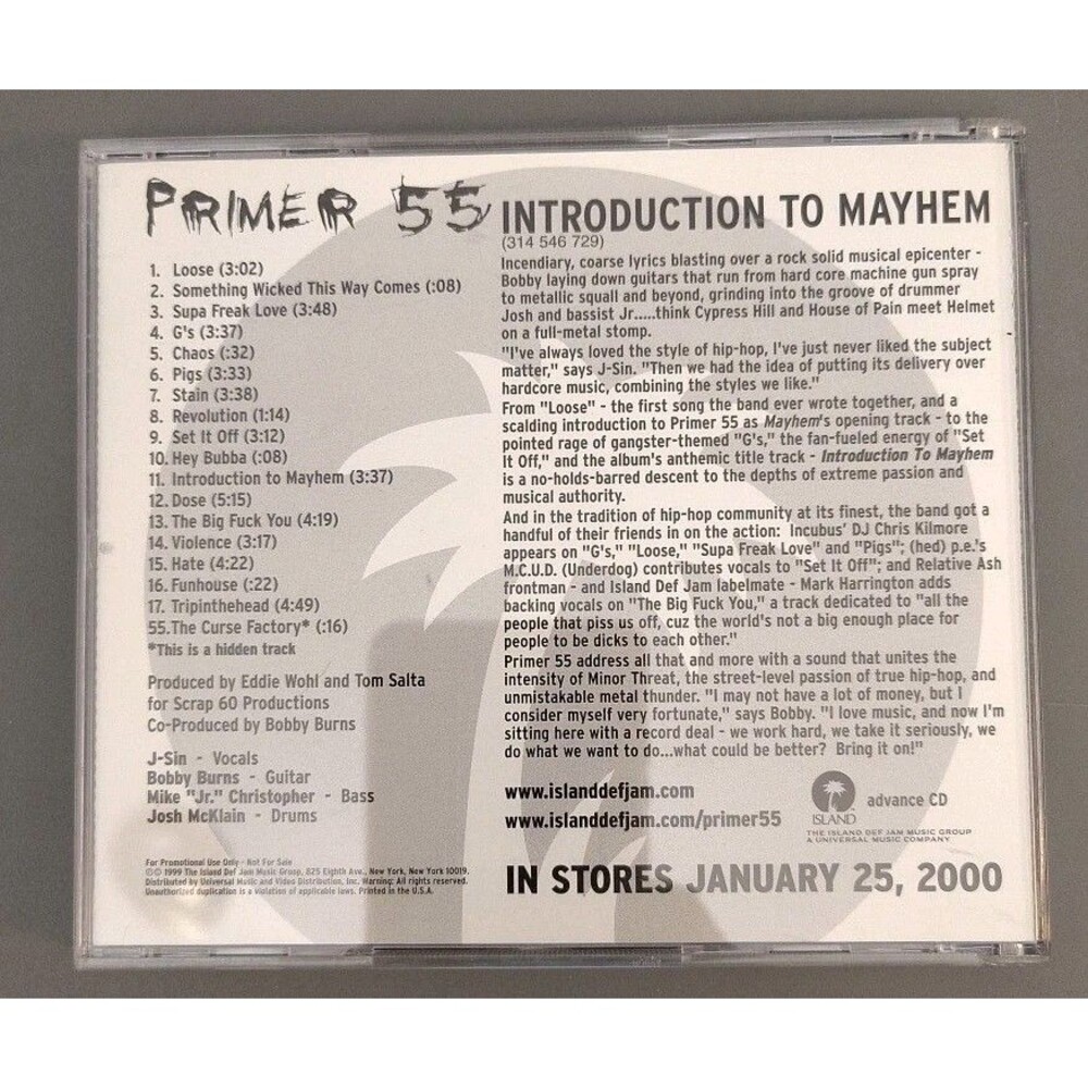 Primer 55 Introduction to Mayhem CD 2000 RARE PROMO Nu Metal Rap Island OOP